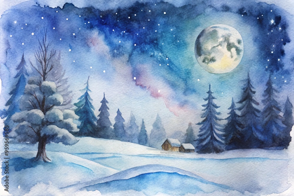 Naklejka premium a watercolor painting of a serene winter night scene. It features a snowy landscape with a forest of tall, dark evergreen trees. In the foreground, there is a snow-covered field