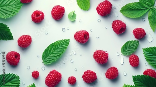 A vibrant arrangement of raspberries and leaves on a light background with water droplets.