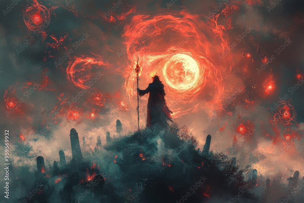 Obraz premium Dark Fantasy Figure with Flaming Staff and Blood Moon.