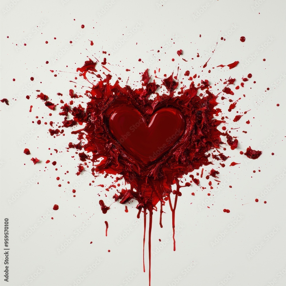 A heart with red paint splattered all over it A heart with red paint splattered all over it