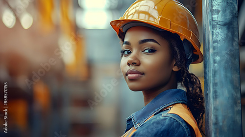 A confident woman in a safety helmet, posing in an industrial setting.