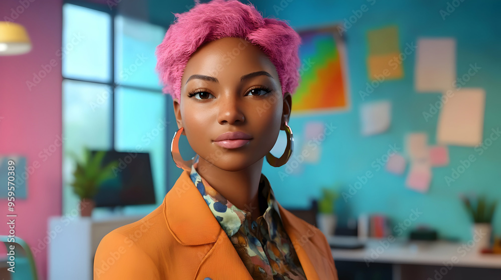 A confident woman with pink hair in a vibrant office setting. A confident woman with pink hair in a vibrant office setting.
