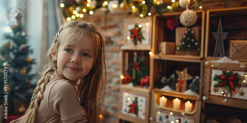 Excited girl opening festive advent calendar at cozy home, counting down to christmas with surprises and twinkling lights