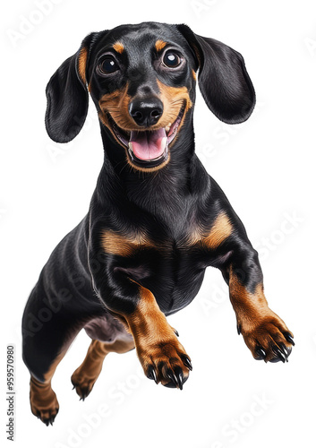 Happy dachshund jumping in mid-air during playtime, cut out - stock png.