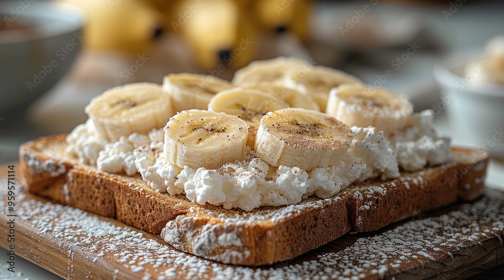 Healthy breakfast scene with whole wheat toast, creamy cottage cheese, and fresh banana slices. Generative AI. Healthy breakfast scene with whole wheat toast, creamy cottage cheese, and fresh banana slices. Generative AI.