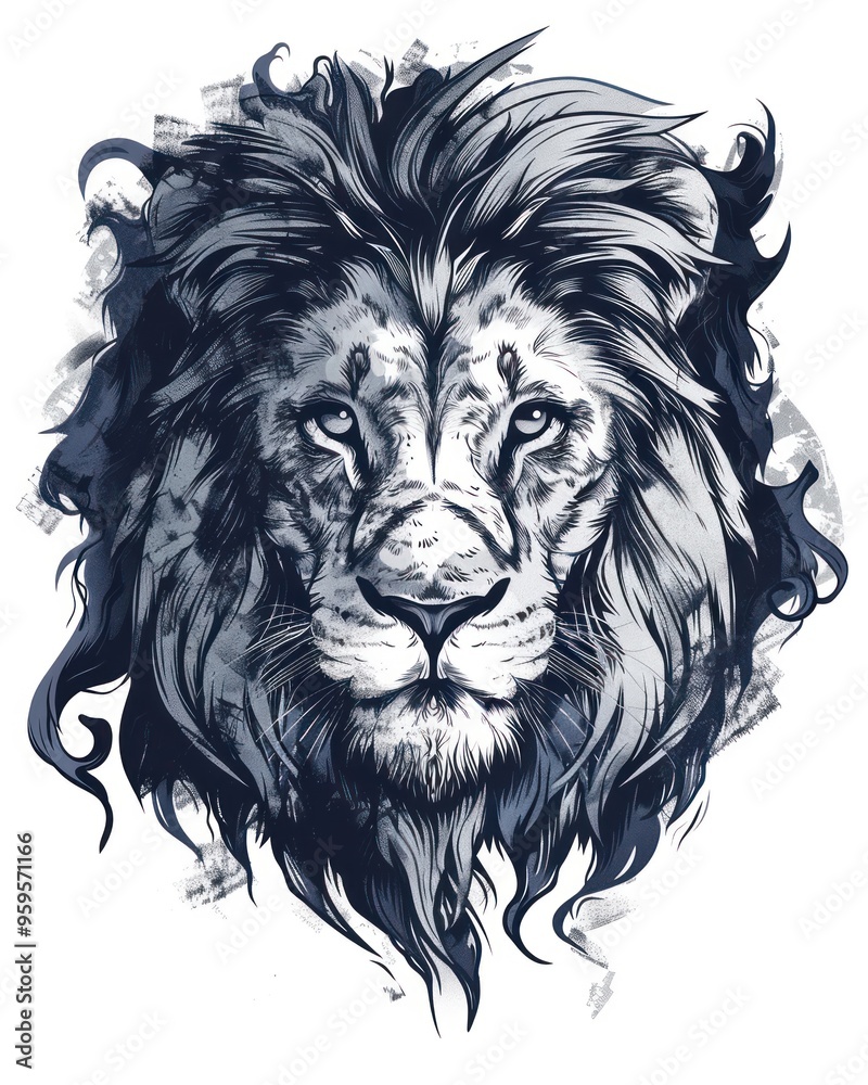 A detailed, close-up illustration of a majestic lion's head with a textured background.