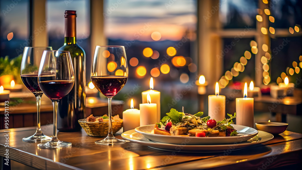 Romantic candlelit dinner with waterfront view and wine glasses Elegant outdoor dining experience with scenic sunset and wine. Romantic candlelit dinner with waterfront view and wine glasses Elegant outdoor dining experience with scenic sunset and wine.