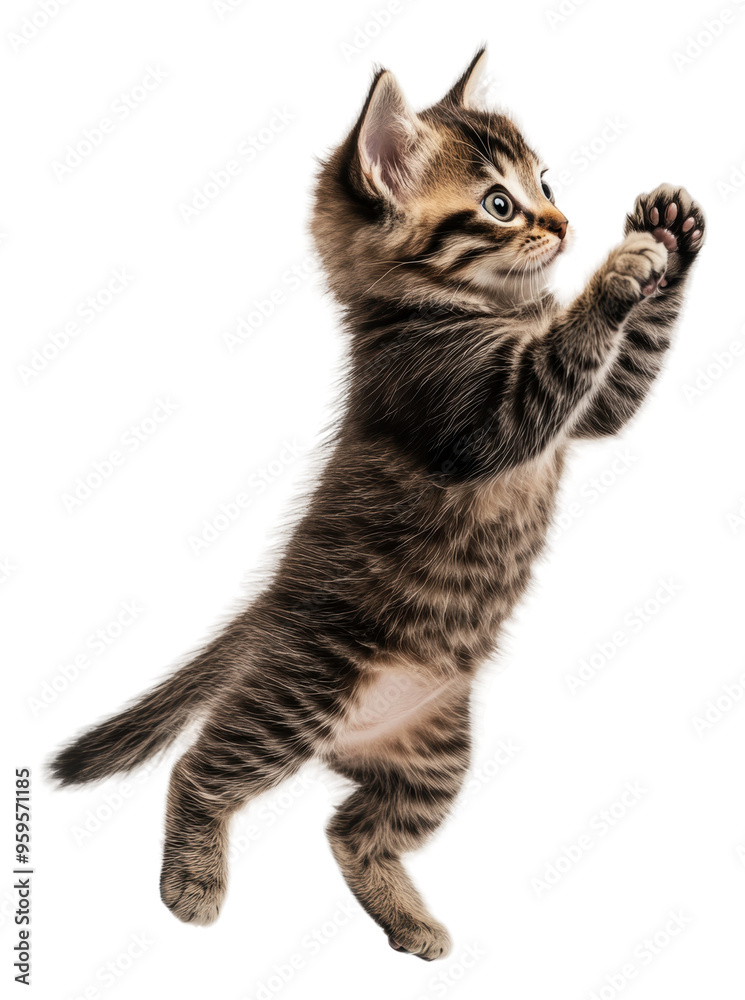 Obraz premium Playful tabby kitten jumping in the air, cut out - stock png.