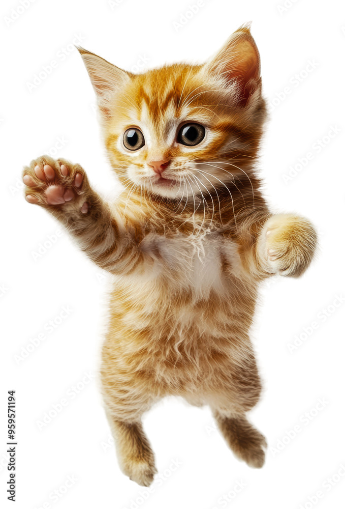 Obraz premium Playful ginger kitten jumping in the air indoors, cut out - stock png.