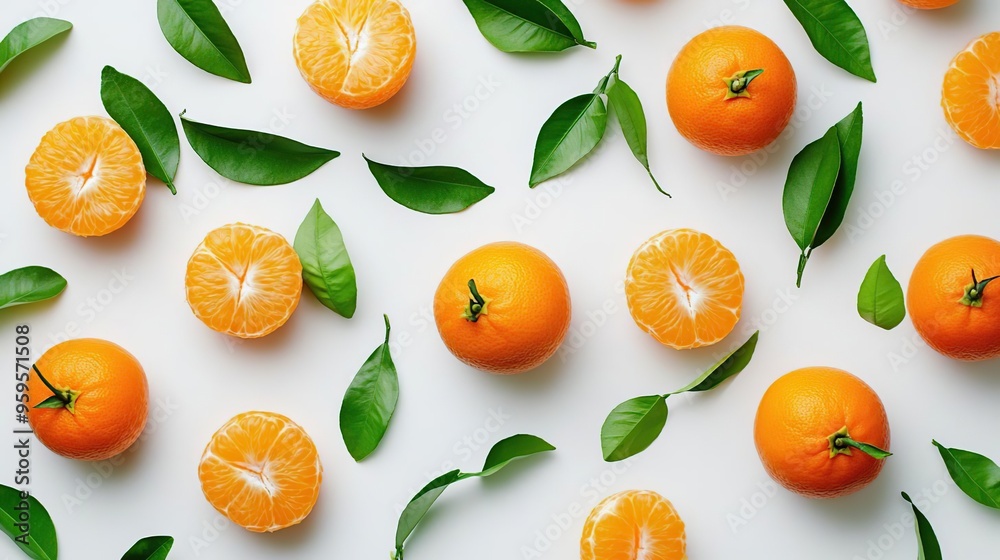 A vibrant arrangement of oranges and green leaves on a white background. A vibrant arrangement of oranges and green leaves on a white background.