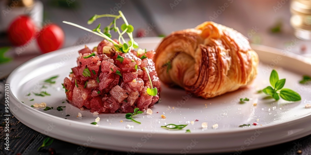 Traditional steak tartare accompanied by a buttery croissant. Traditional steak tartare accompanied by a buttery croissant.
