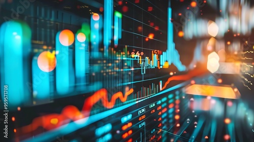 Computer screen with financial diagram graphs of market movement trend data for the Concept of dynamic nature of Business Marketing World Analysis.