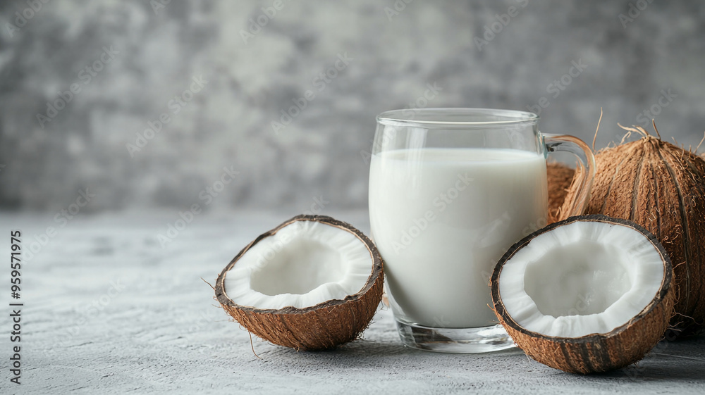 A glass of coconut milk. A glass of coconut milk.