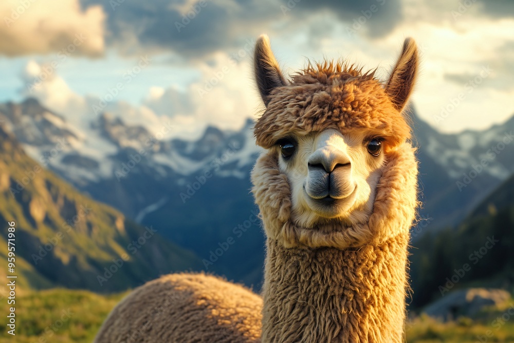 Obraz premium In the warm light, a friendly alpaca with soft fur stands before a mountain backdrop, symbolizing the peaceful nature