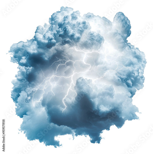 Storm cloud with lightning in bright sky, cut out - stock png.