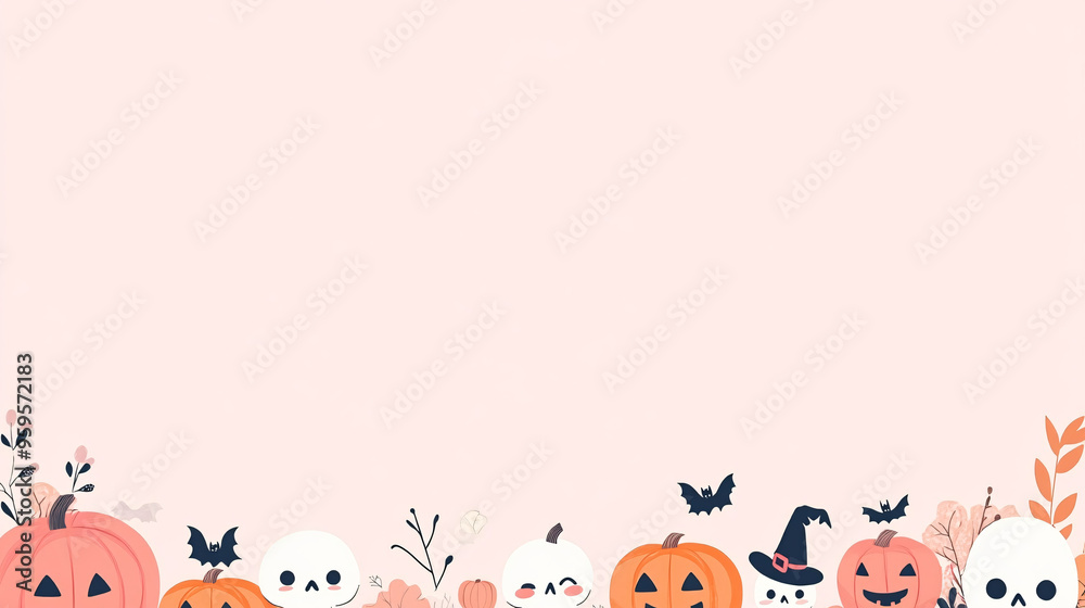 A bright and cheerful flat design Halloween border featuring cute pumpkins and cartoon skulls. The minimalist illustration has simple shapes with a flat color palette dominated by pinks, oranges, and A bright and cheerful flat design Halloween border featuring cute pumpkins and cartoon skulls. The minimalist illustration has simple shapes with a flat color palette dominated by pinks, oranges, and