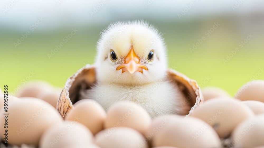 A charming chick emerging from its egg, surrounded by eggs, showcasing the beauty of new life and growth in nature. A charming chick emerging from its egg, surrounded by eggs, showcasing the beauty of new life and growth in nature.
