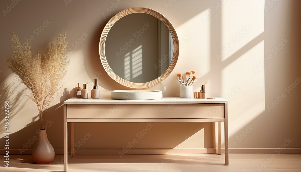 Fototapeta premium Luxury Beauty Showcase: Sleek Beige Dressing Table and Round Mirror Against a Sunlit Cream Wall