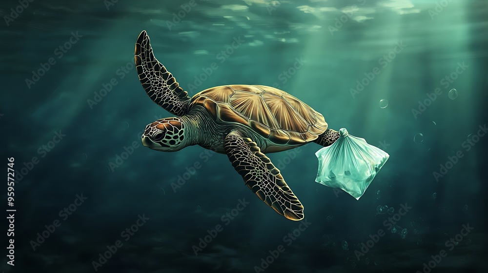Obraz premium Sea Turtle Entangled in Plastic Waste