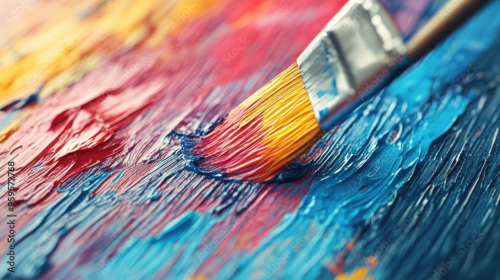 Fototapeta premium A close-up of a vibrant paintbrush gliding over colorful textured paint, showcasing the beauty of artistic expression.