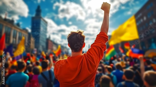 A crowd at a rally, with a ...