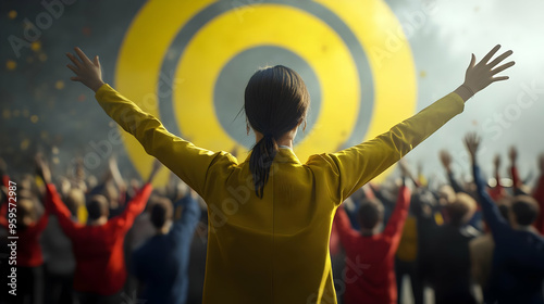 A crowd celebrates behind a...