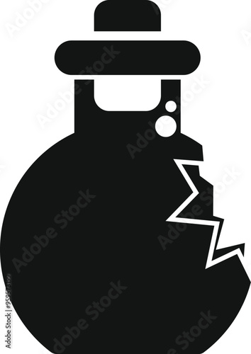 Black and white vector icon of a broken chemical flask, representing the potential dangers involved in scientific experiments
