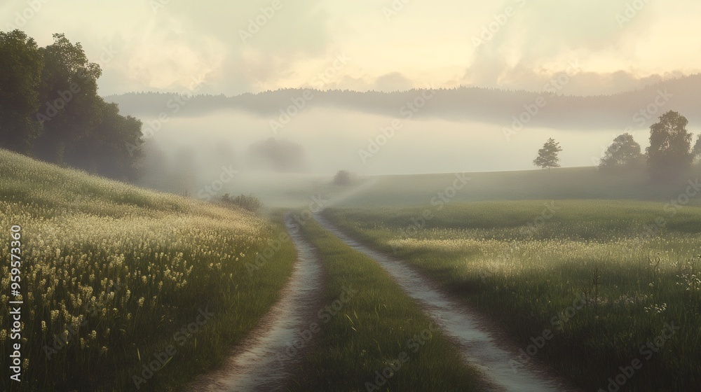 A dirt road winds through a misty field with a forest in the distance. A dirt road winds through a misty field with a forest in the distance.