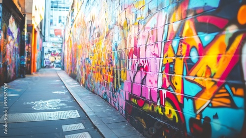 A colorful graffiti-covered brick wall lines a narrow alleyway.