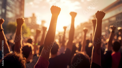 A crowd with raised fists d...