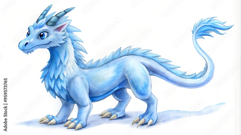 Fototapeta premium Majestic blue ice dragon in watercolor style against white background