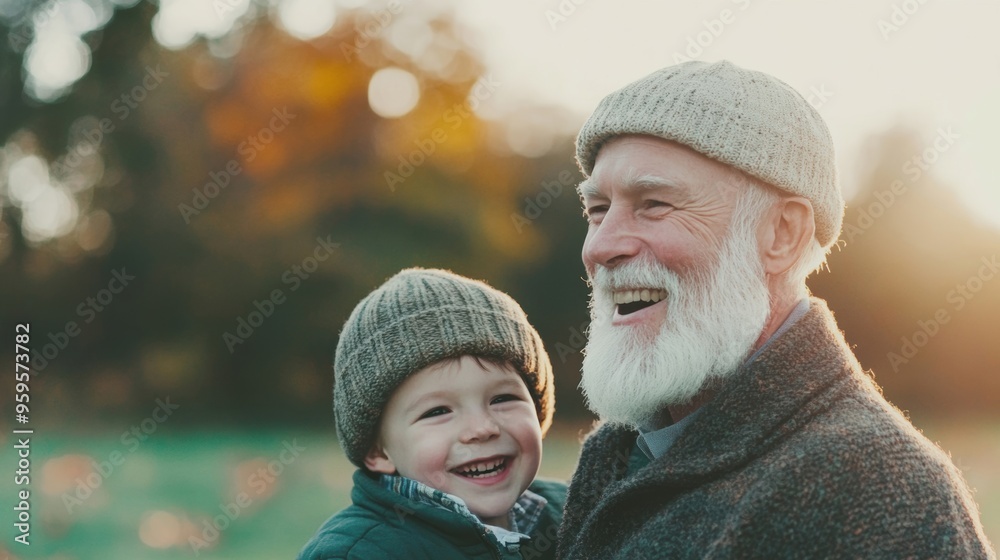 Obraz premium An elderly man with a white beard enjoys a cheerful moment, laughing with a young boy on a bright autumn afternoon in a park
