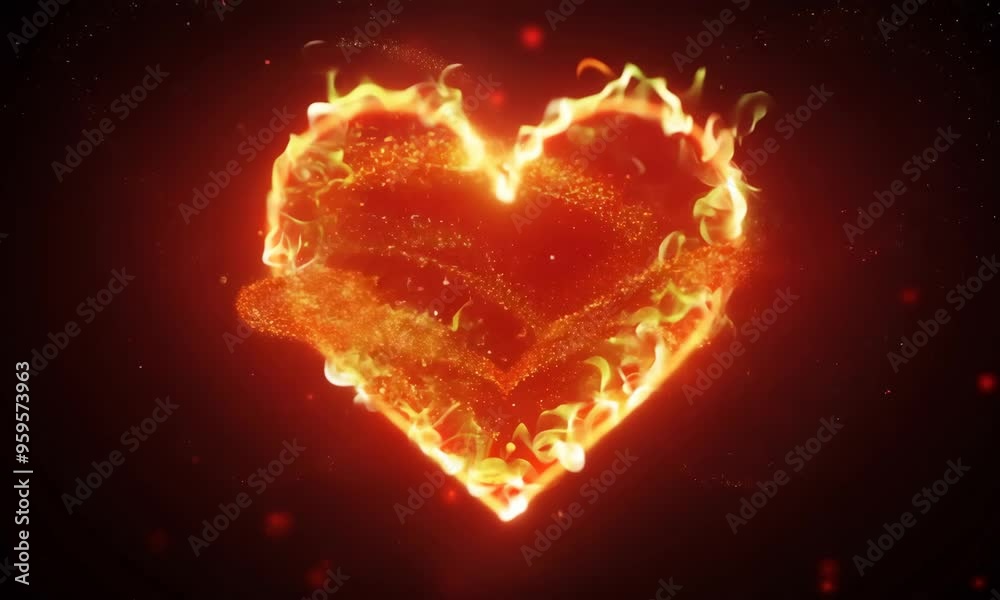A heart made of fire is lit up in the dark. Concept of passion and intensity, as the flames seem to be dancing and flickering around the heart. The contrast between the bright red flames
