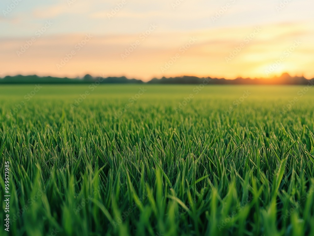 Obraz premium A serene field of vibrant green grass at sunset, showcasing nature's beauty and tranquility in a picturesque landscape.
