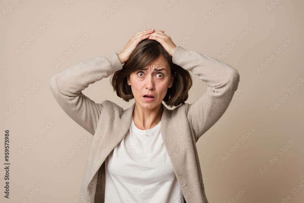 Woman holding head in frustration with surprised expression Woman holding head in frustration with surprised expression