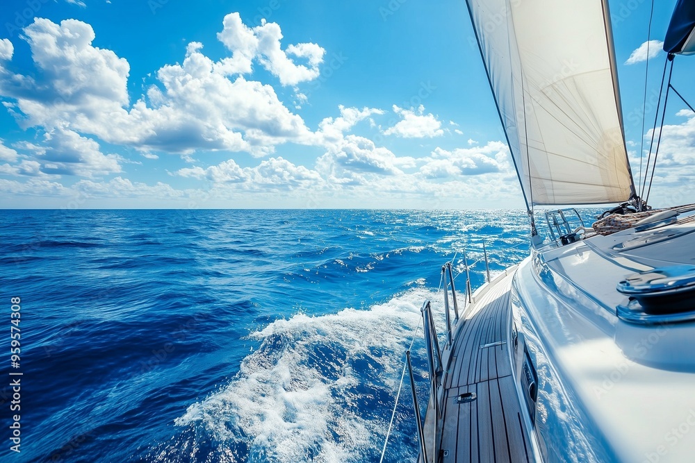 Fototapeta premium A close-up view of a sailing yacht cruising through blue ocean waves under a bright sky with fluffy white clouds, symbolizing freedom and adventure.