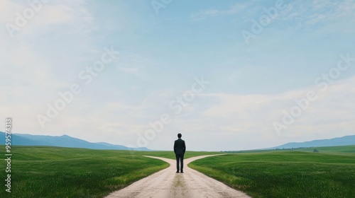 A solitary figure stands at a crossroads, contemplating the journey ahead in a serene landscape of open fields and blue sky.