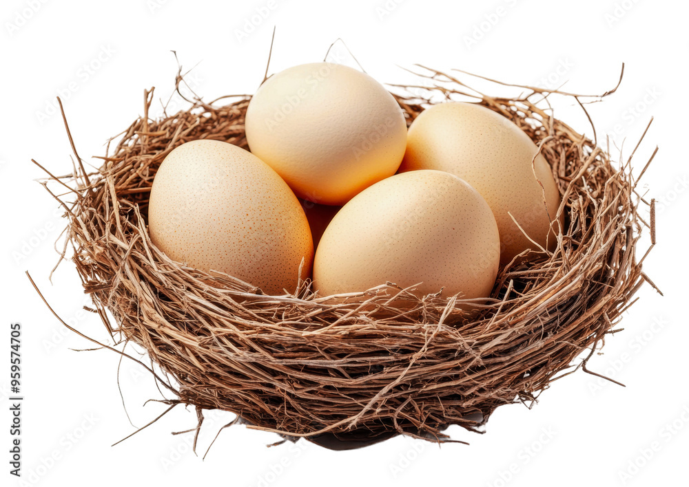 Nest with four eggs resting in natural straw, cut out - stock png. Nest with four eggs resting in natural straw, cut out - stock png.