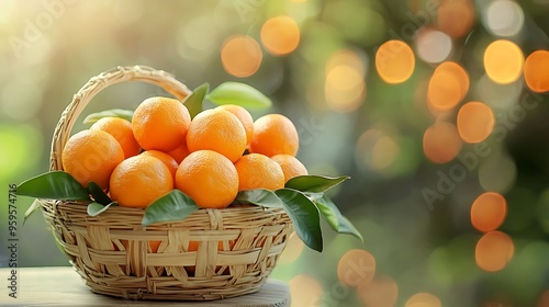 Fresh Oranges in Bamboo Basket with Citrus Tones, Blurred Citrus Background.