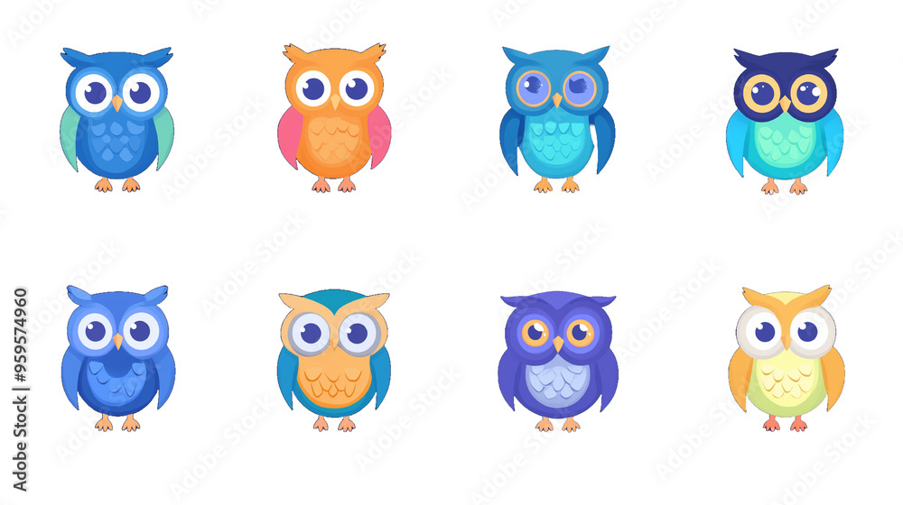 Fototapeta premium カラフルでかわいいフクロウのアイコンセット | 鮮やかなデザイン素材