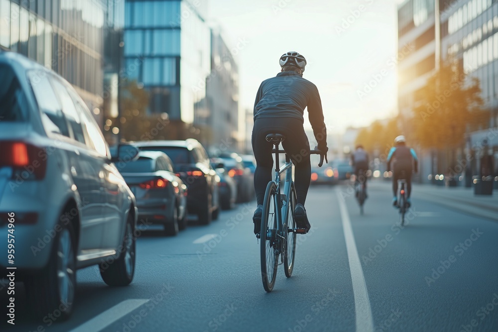 Cyclists commuting on a city street in the early morning, navigating through traffic with the sun rising in the background. Cyclists commuting on a city street in the early morning, navigating through traffic with the sun rising in the background.