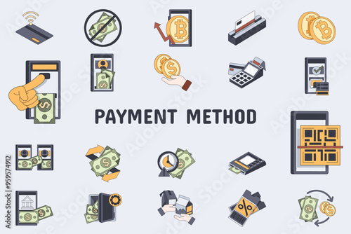 Payment Method Lineal Color Vector Illustration Icon Sticker Set Design Materials