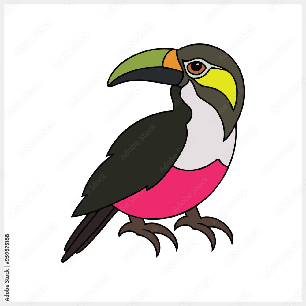 Naklejka premium Doodle toucan on branch clip art isolated. Animal clipart. Bird icon. Vector stock illustration