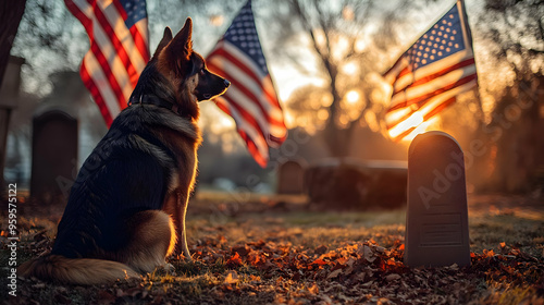 A dog sits solemnly by a gr...