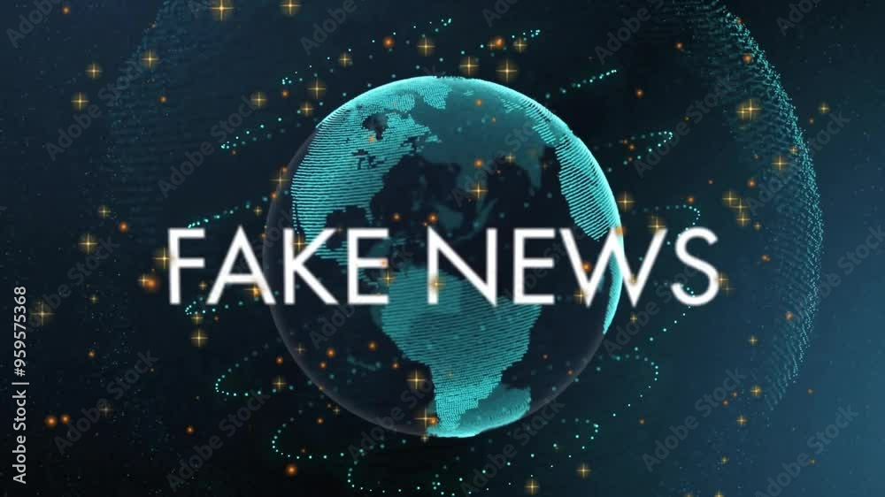 Fake News text animation over rotating digital globe with glowing particles Fake News text animation over rotating digital globe with glowing particles
