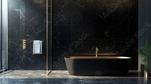 A modern luxury bathroom with a walk-in shower, black marble walls, and sleek gold fixtures