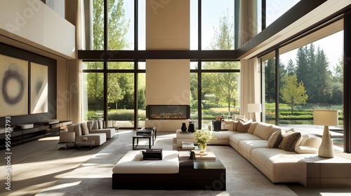 A modern luxury living room with a fireplace, neutral color palette, and floor-to-ceiling windows