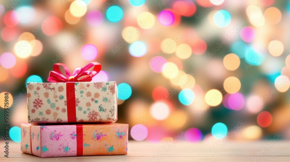 Present boxes with colorful wrapping and ribbons sit charmingly against a background of a glowing Christmas tree Present boxes with colorful wrapping and ribbons sit charmingly against a background of a glowing Christmas tree