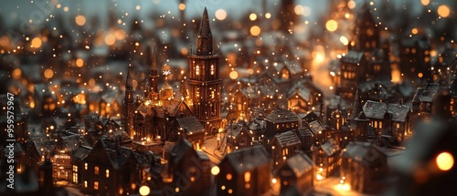 Miniature Cityscape with Golden Lights and Snowy Roofs