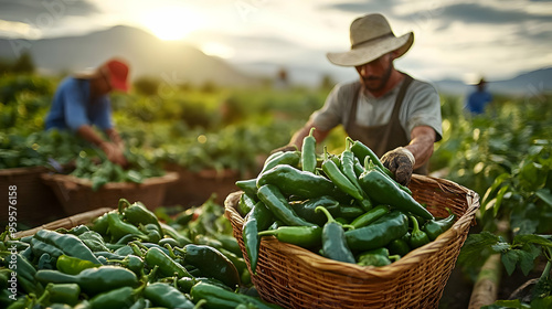 A farmer harvesting green p...